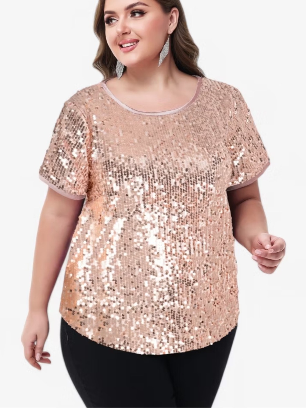 Anna-Kaci Plus Size Short Sleeve Sequin Sparkly Top Round Neck - 3X, Pink